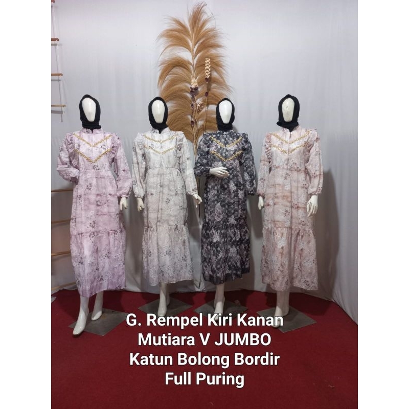 Gamis Rempel Kiri Kanan Mutiara V Jumbo Katun Bolong Bordir Polos Full Puring