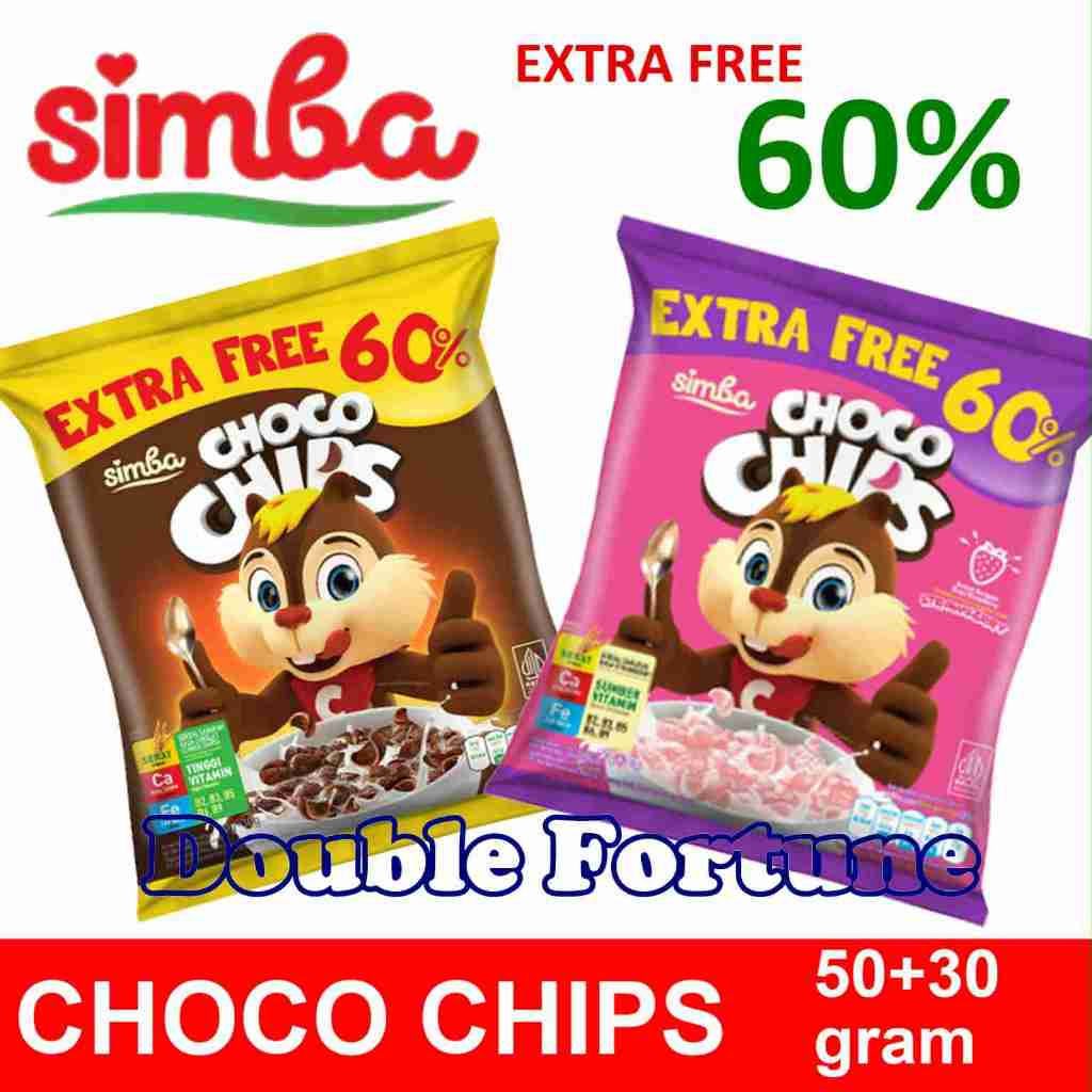 

SIMBA Choco Chips Sereal Sarapan Cokelat / Strawberry Bag 50gr+30gr (Extra 60%)