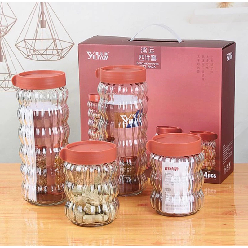 Toples Kaca Motif Belimbing Set 4In 1 Tempat Kue Kering Lebaran