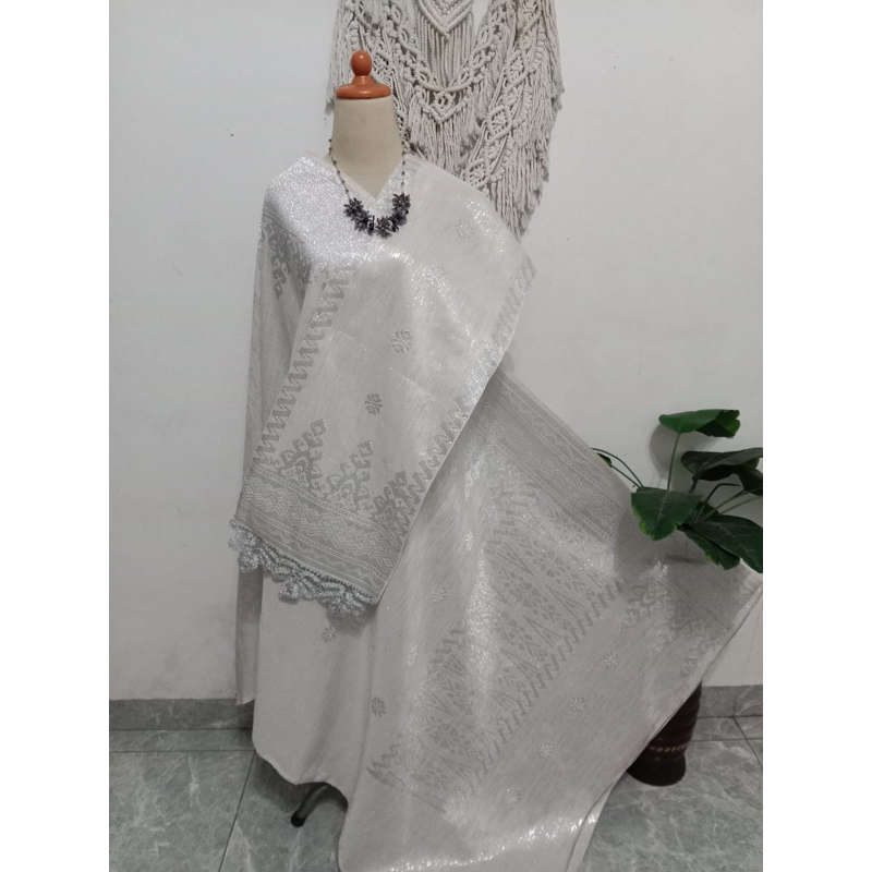 Songket silungkang full kristal glitter putih cream silver