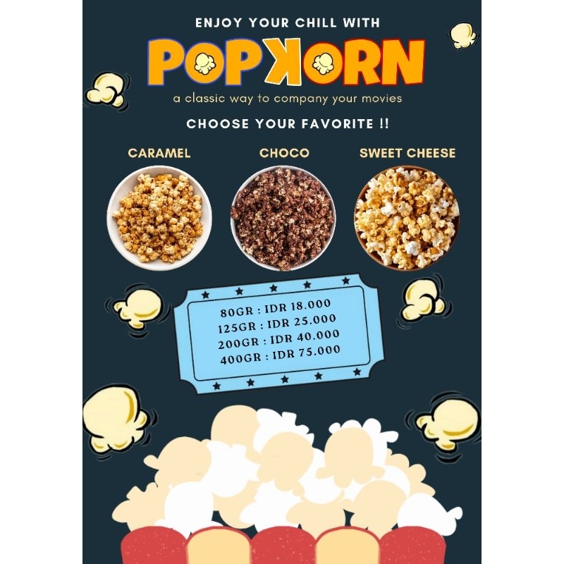 

PopKorn Popcorn Berondong Snack Cemilan Nonton Caramel Chocolate Sweet Cheese Karamel Coklat Keju Manis