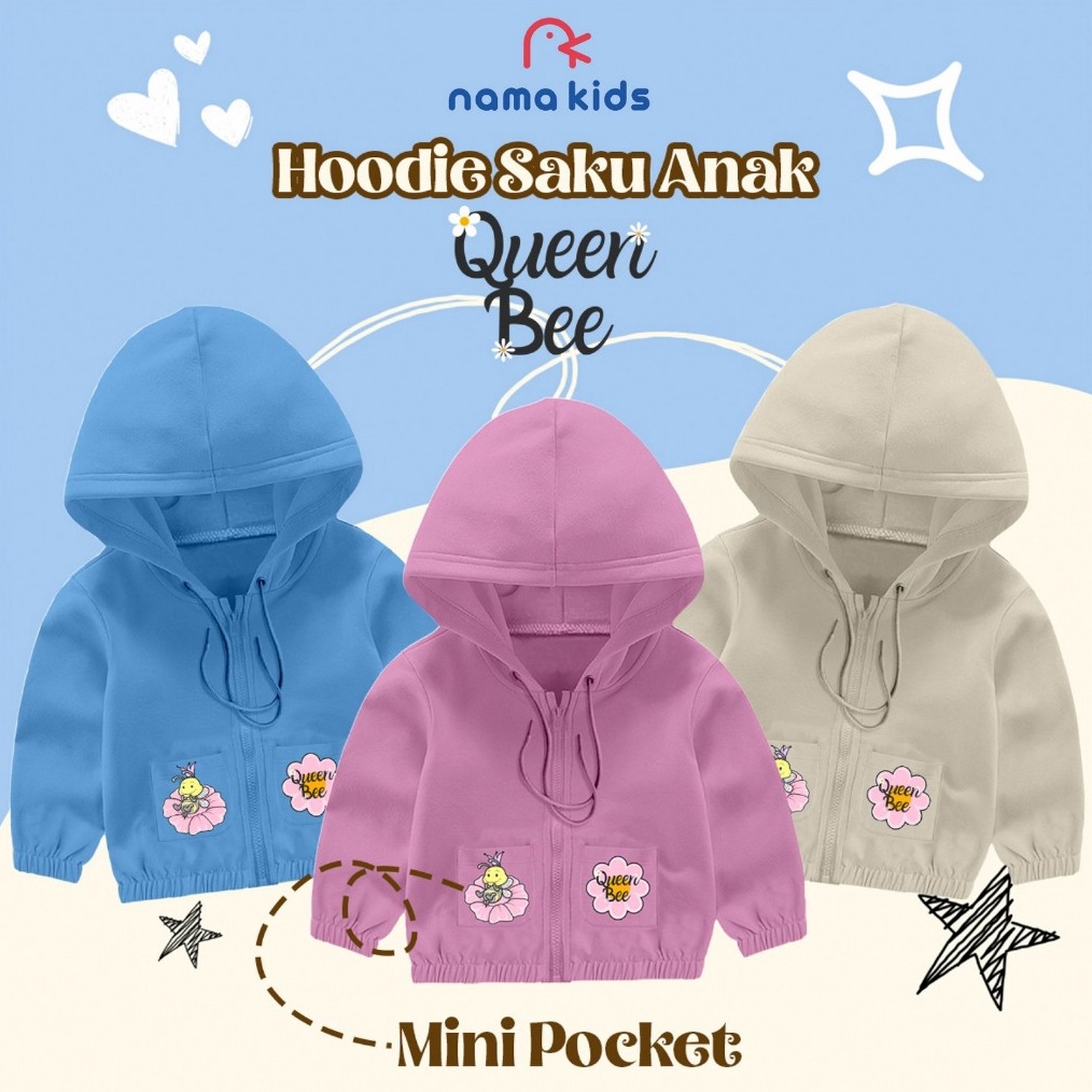 KODE I15D Sweater Anak Zipper Risleting Sablon Queen Bee Lucu Sweater Hoodie Anak Mini Pocket Saku S
