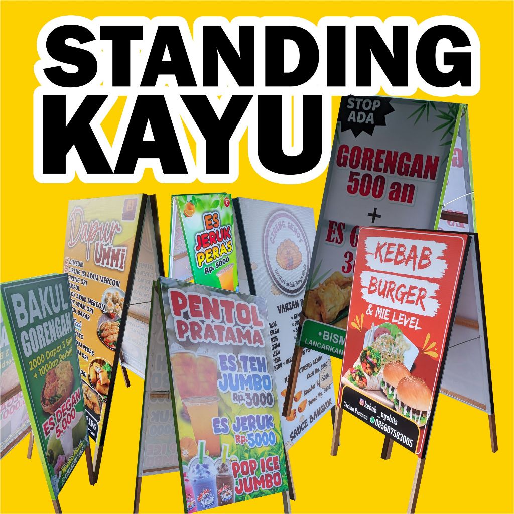 

papan jualan kayu segitiga banner 2 sisi depan belakang