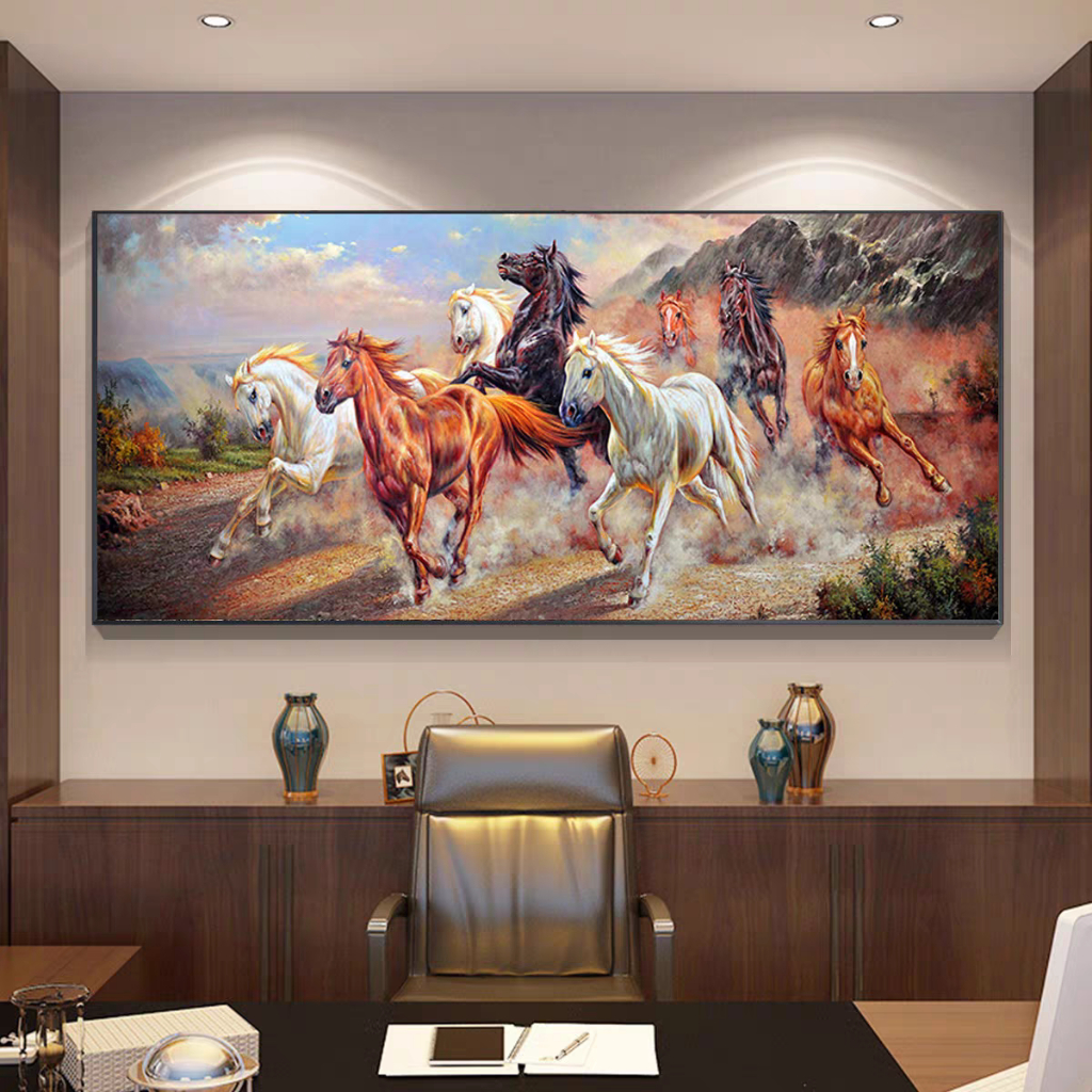 Lukisan Porcelain 5D Hiasan Dinding Detail Diamond - 8 Kuda Mewah Vertikal - Mewah & Elegan