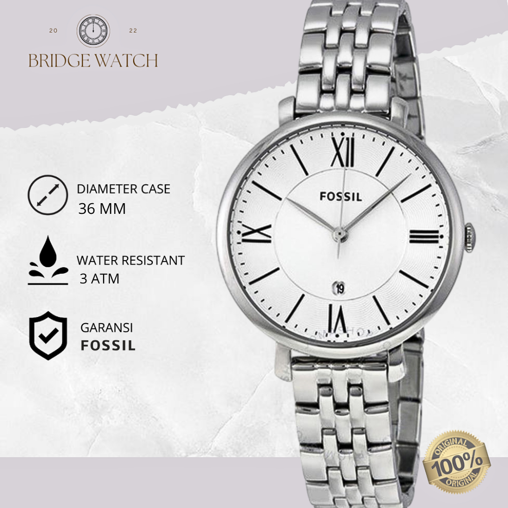 Jam Tangan Wanita Fossil Ladies Jacqueline Original ES3433 Analog White Dial Stainless Steel Strap R