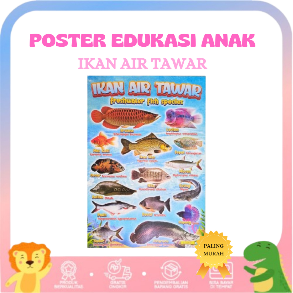 Poster Dinding Edukasi Belajar Anak Gambar Hewan Ikan Air Tawar