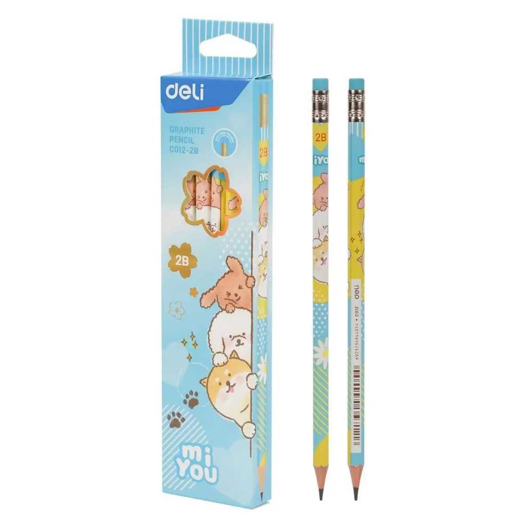 

Ay00! Deli EC012-2B Graphite Pencil / Pensil Kayu 2B Isi 12pcs/Pack dengan Penghapus Desain Miyou