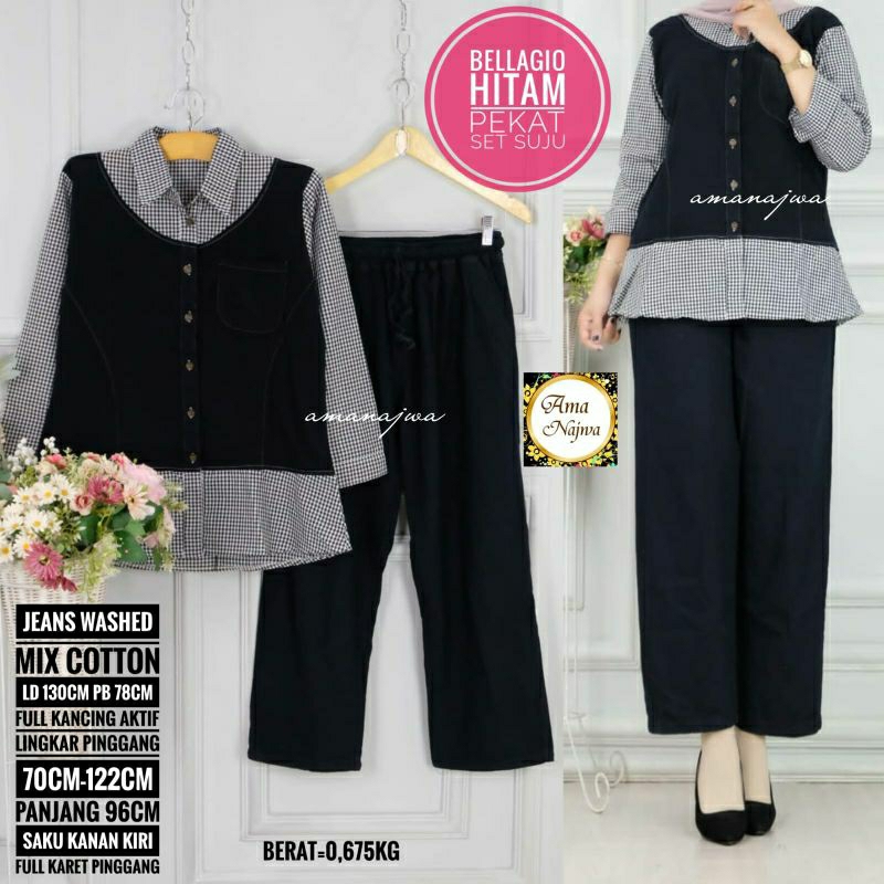 BIG SIZE bellagio Ld 130 Setelan jeans tebal JUMBO one set cantik Setcel muslim / Amj