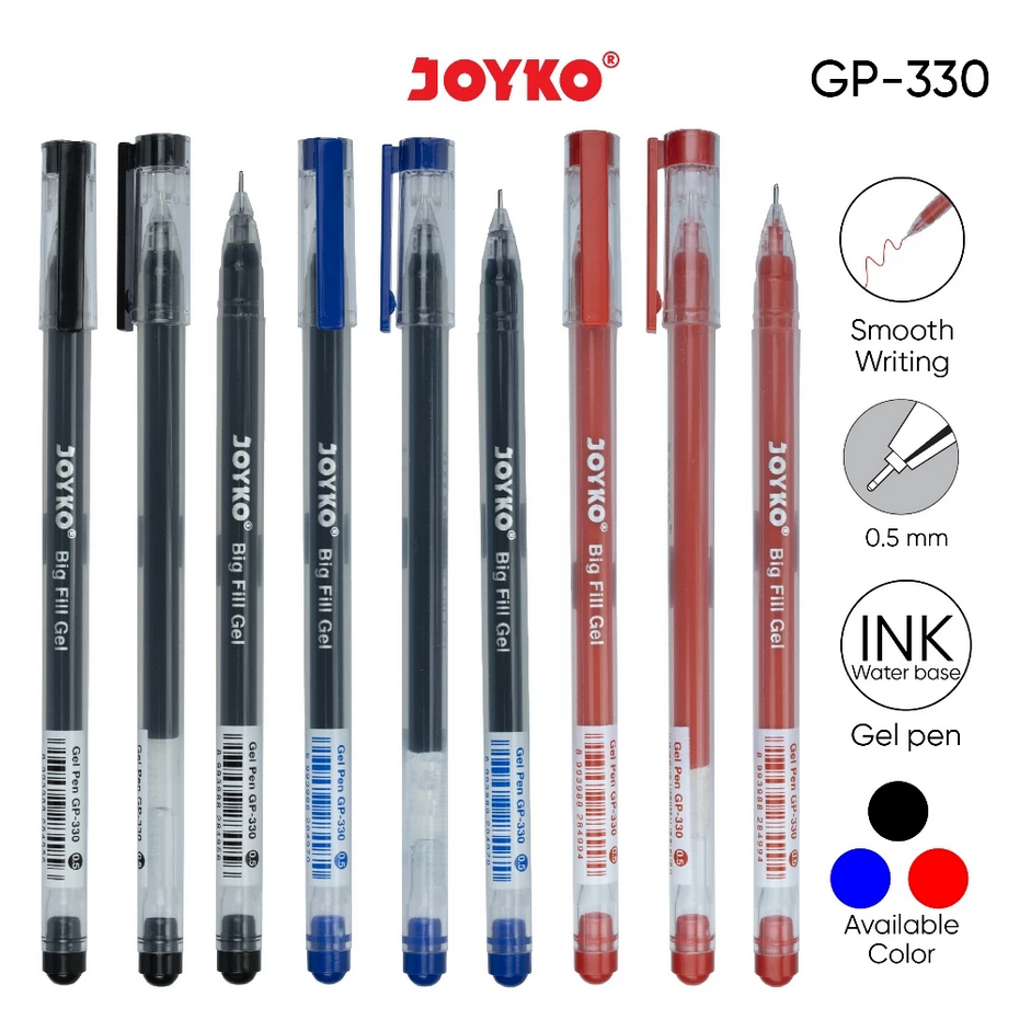 

(12 Pcs) Gel Pen / Bolpen Jel Pulpen Pena GP-330 Big Fill Gel 0.5 mm - Joyko