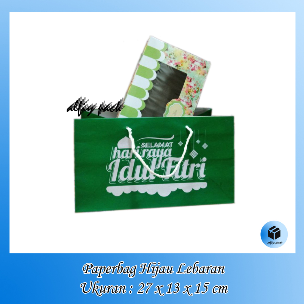 

1pack isi 10pcs PAPERBAG LEBARAN IDUL FITRI 27X13X15 CM PAPER BAG HIJAU GOODIE BAG PACKAGING CAKE BOX