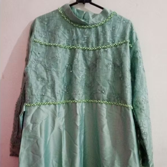 Dress Satin Brokat furing //Gamis Satin Brokat furing Sage Green
