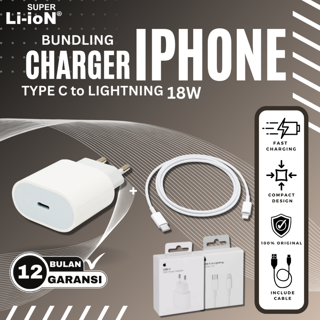 SuperLi-ion 18w Charger Orginal Iphone - Charger Fast Charging - 18 Watt - Kabel C to Lightning Ipho