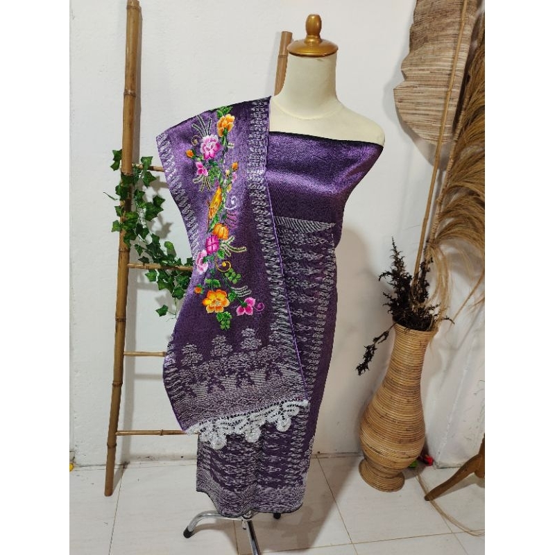 Songket Silungkang selendang sulam warna lilac, lylac, ungu  , songket padang
