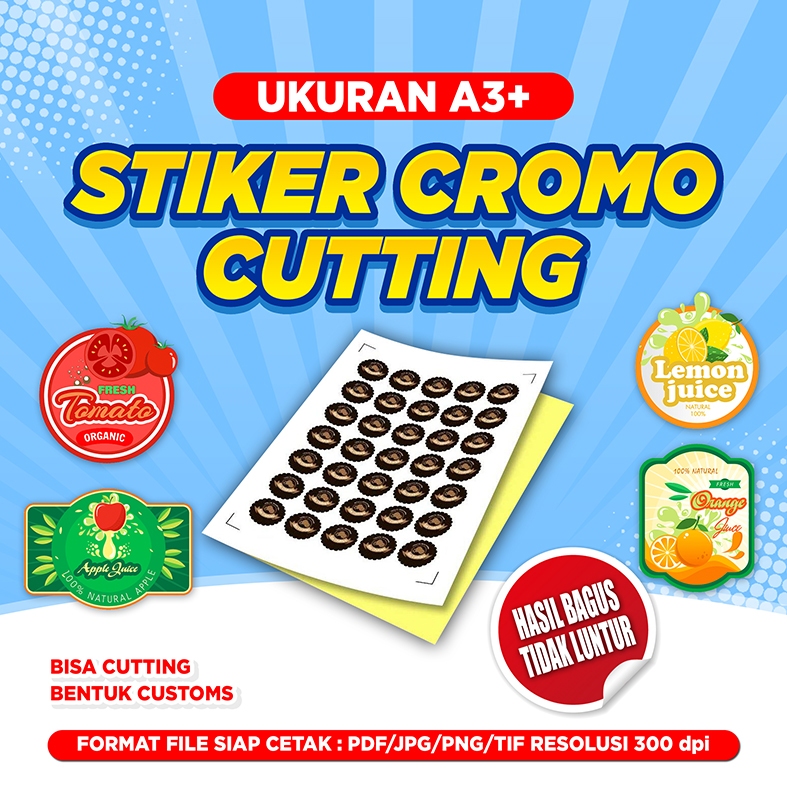 

Stiker Cromo, A3+ Cutting, Stiker Label, Stiker Kemasan, Stiker Makanan