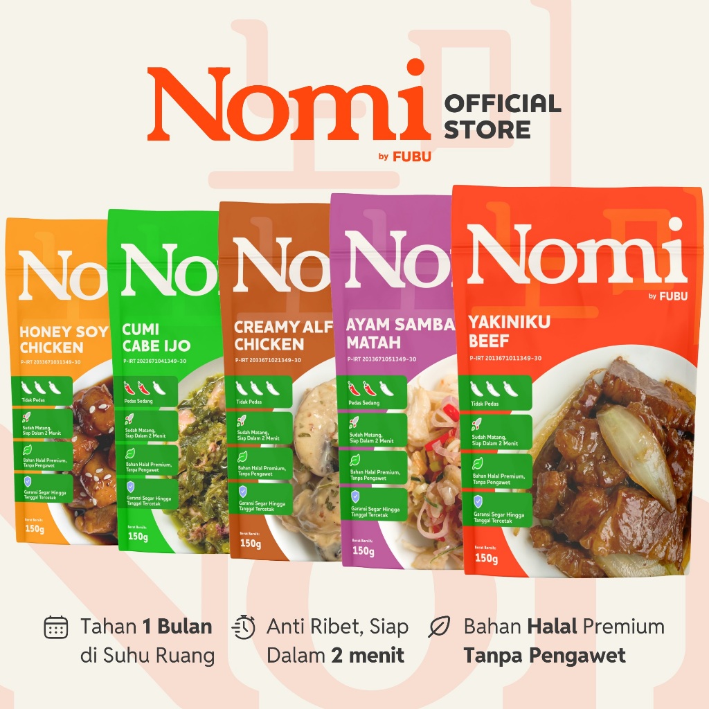 

NOMI by FUBU - Aneka Lauk Instan Siap Saji Ready to Eat Kirim Instant - Cumi Cabe Ijo Yakiniku Beef Ayam Sambal Matah Creamy Chicken Alfredo Honey Soy Chicken Jepang Korea Indonesia Italia