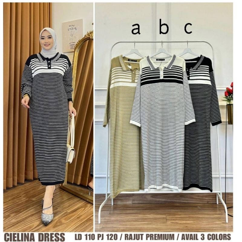 CIELINA DRESS RAJUT PREMIUM GAMIS BAHAN KNIT MOTIF GARIS MIDI DRESS LENGAN PANJANG