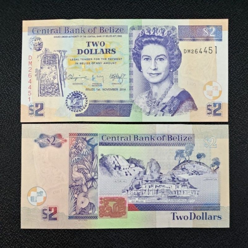 KERTAS ASING BELIZE 2 DOLLARS RATU ELIZABETH