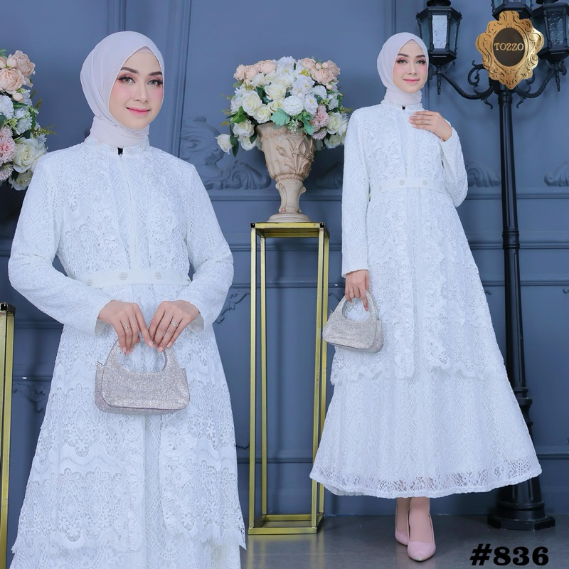 Gamis Brokat Premium Jumbo Busui Gaun Pesta Muslimah Full Putih Grosir by Tozzo 836