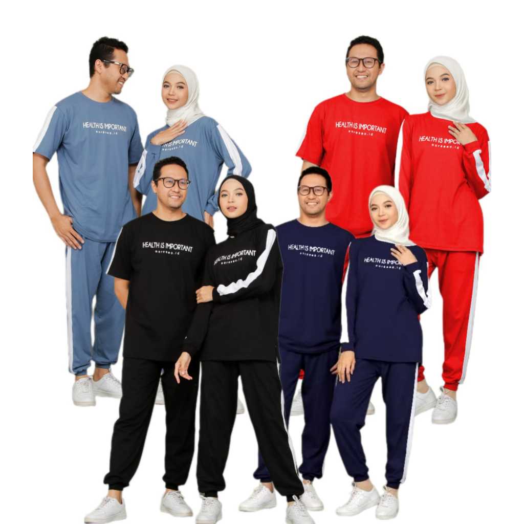 Setelan Baju Kaos Olahraga Senam Wanita & Pria Couple Muslim Oneset Sport Jogging Zumba Bersepeda Ke