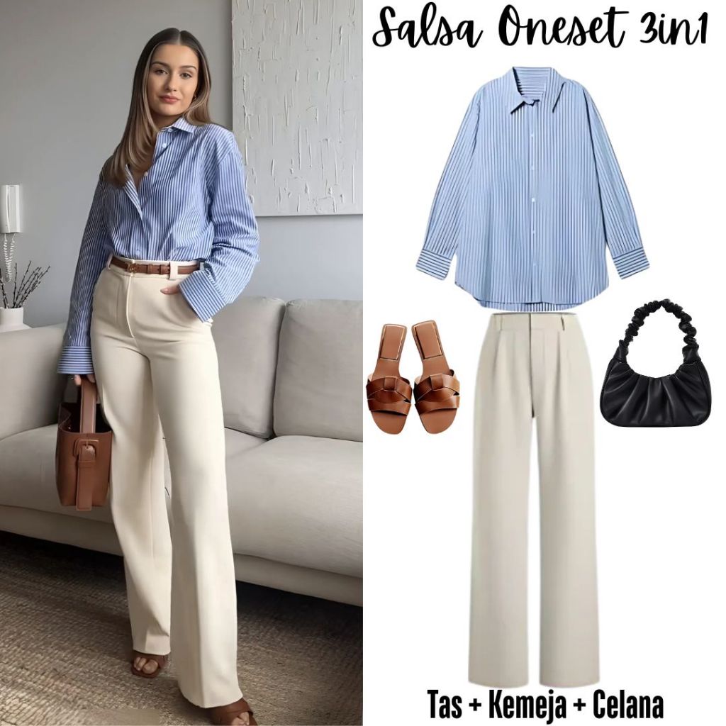 Oneset 3in1 kemeja salur biru strip celana kulot ivory tas cewe | ootd outfit ARA160