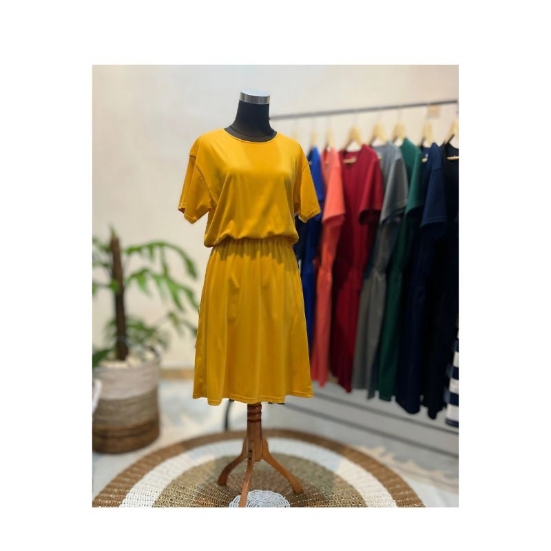 Simply Dress Karet Warna Mustard/ daster bahan kaos adem karet pinggang nyaman ada big size