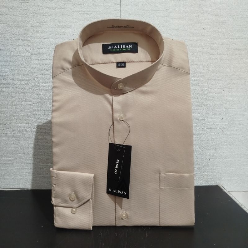 Lengan Panjang Slimfit ALISAN Dobby Koko Coklat1 Krah Shanghai