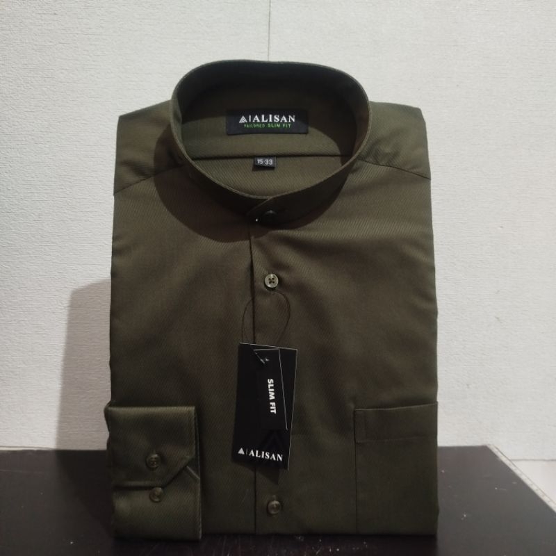 Lengan Panjang Slimfit ALISAN Dobby Koko Olive1 Krah Shanghai