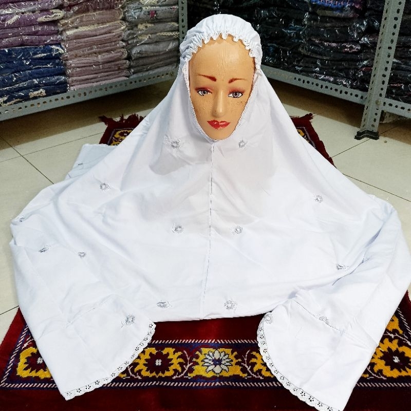 Mukena Lajuran Bordir Dewasa Terusan Katun Mikro Putih Mukenah Lajur Langsungan Rukoh Pondok Pesantr