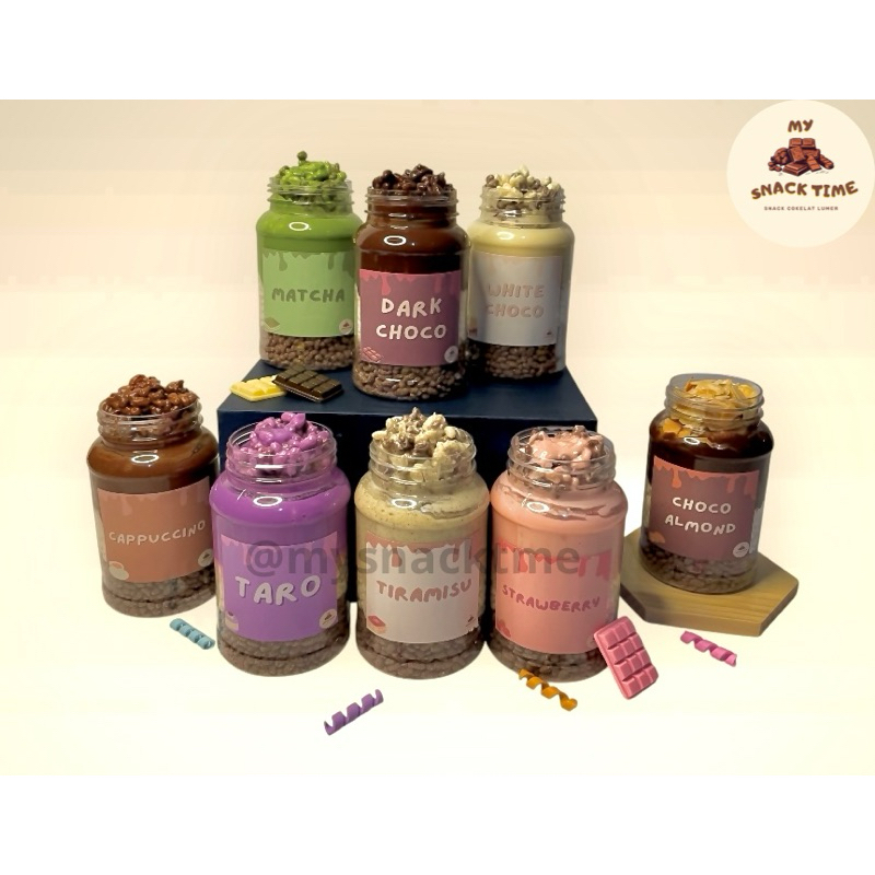 

Choco Crispy in Jar Jumbo cemilan coklat lumer berisi rice crispy putih dan coklat toples ukuran 300ml rasa coklat matcha tiramisu coklat putih stroberi taro coklat almond kapucino