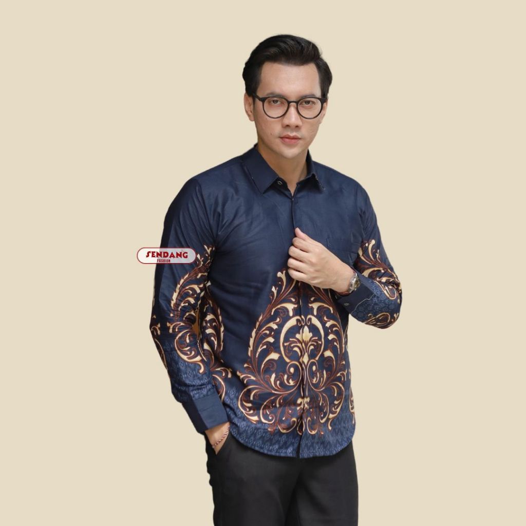 SENDANG FASHION Kemeja Batik Pria Motif Dara Biru Navy Slimfit Bahan Katun Premium Lpais Furing Erro