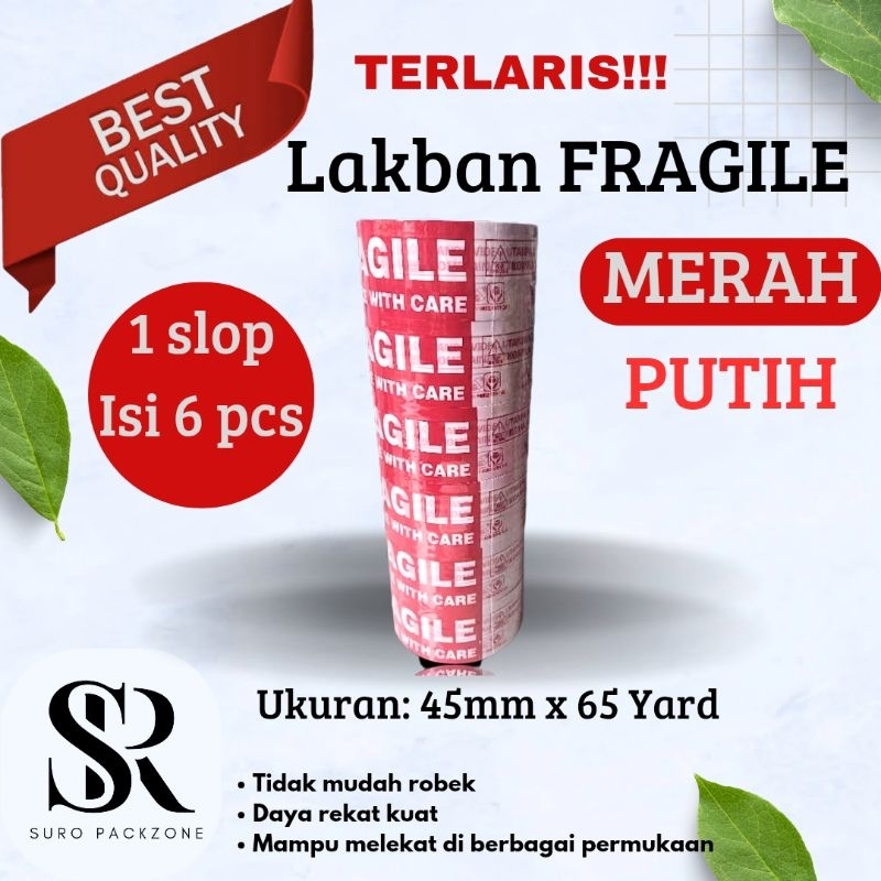 

Lakban Fragile 1 slop isi 6 pcs warna merah putih ukuran 45mm x 65 yard / isolasi / selotip / Tape Daya lekat kuat