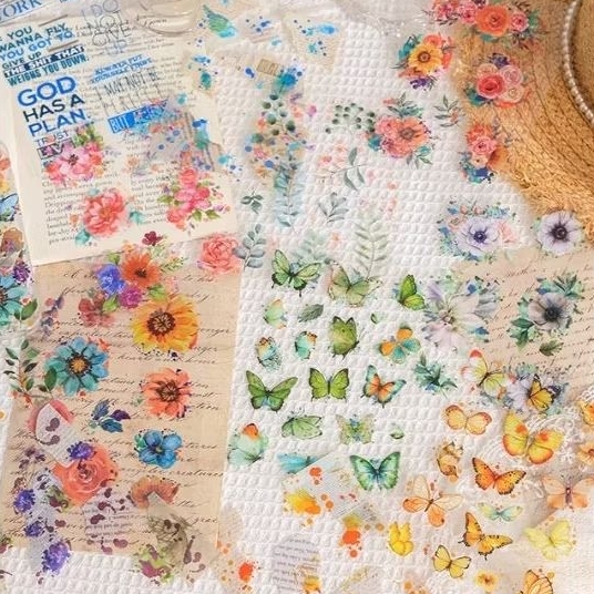 

6 lembar deco sticker flower butterfly PET jurnal diy