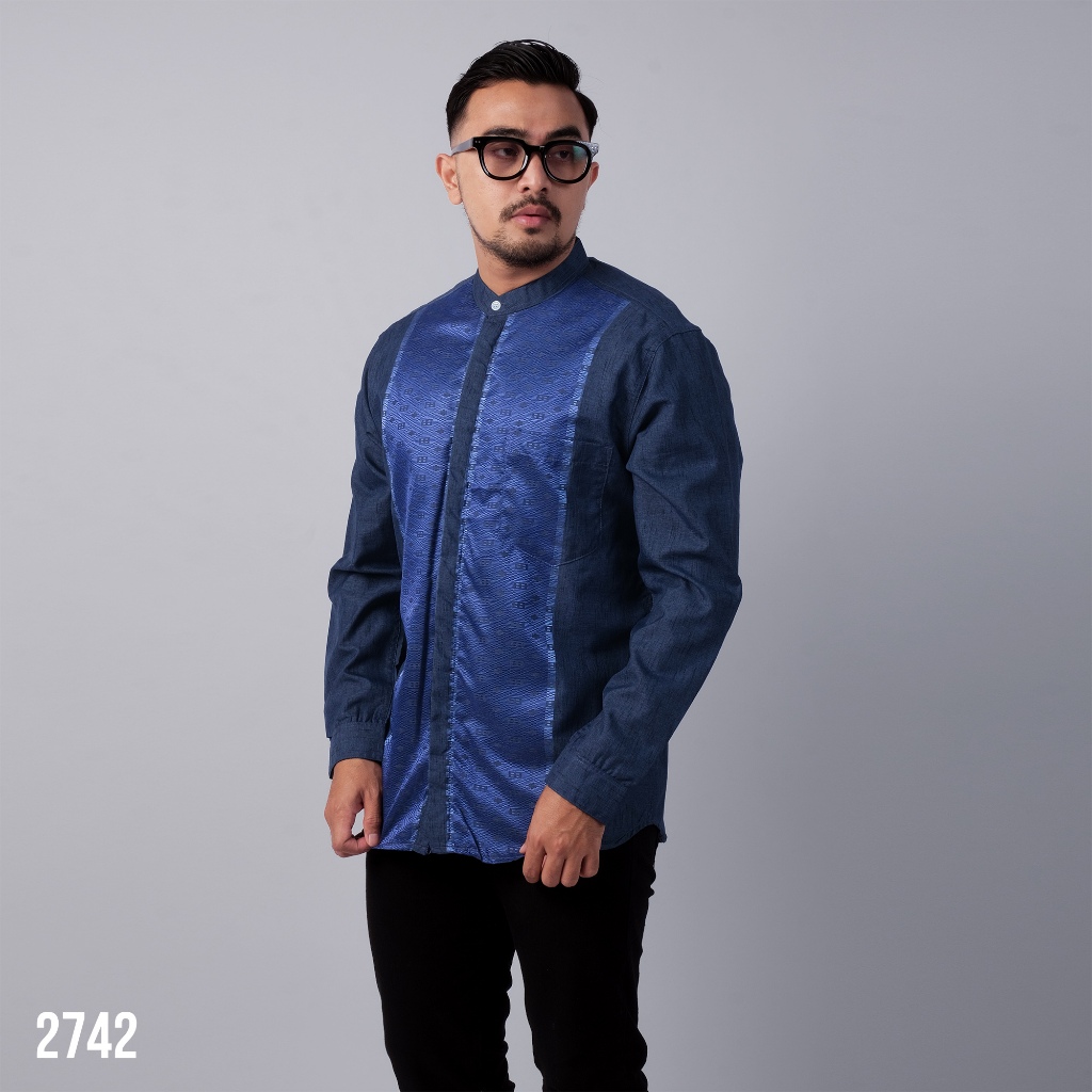 DGM Baju Koko Pria Lengan Panjang Bordir Premium Biru Tua Motif Bordir Balok Baju Koko 2742