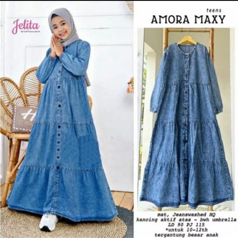 Baju Gamis Dress Jeans Anak Perempuan Tanggung Umur 11 12 15 Tahun Terbaru Kekinian Gamis Amora Maxy