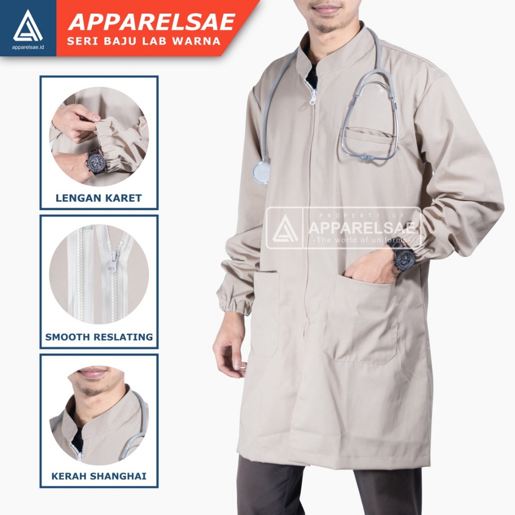 JAS LABORATORIUM KATUN LEMBUT & TEBAL / JAS LAB / BAJU PRAKTIK DOKTER LENGAN KARET WARNA CREAM