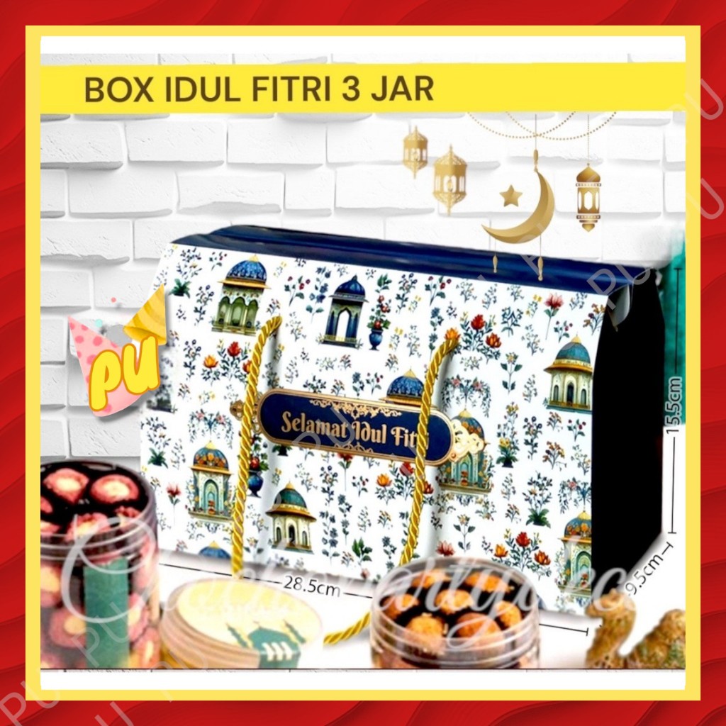 

Box Idul Fitri 3 JAR / Kotak Kue Lebaran / Parcel Idul Fitri / Hampers Lebaran ukuran 15x28x9 cm