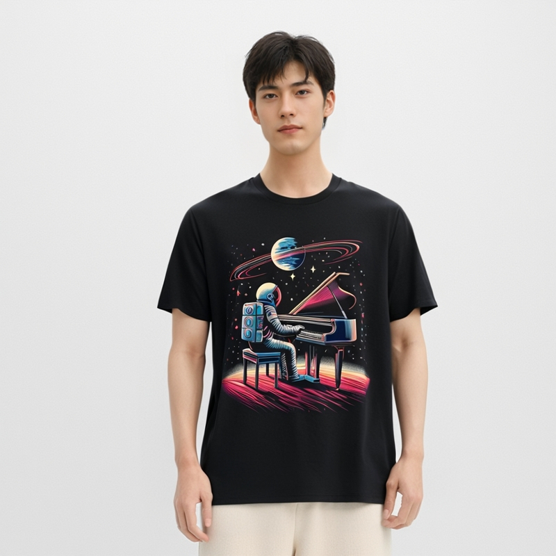kaoswarna 丨Kaos Pendek Hitam dengan Gambar Anggota Antariksa Bermain Piano di Lingkungan Antariksa y