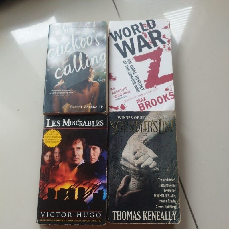 The Cuckoo's Calling, World War Z, Les Miserables, Schindler's list preloved bahasa Inggris