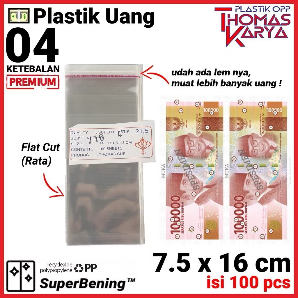 Plastik OPP 7,5x16 TEBAL | Isi 100 | Kantong Bening | Kemasan Uang Kertas | Bungkus Uang Kertas 100 