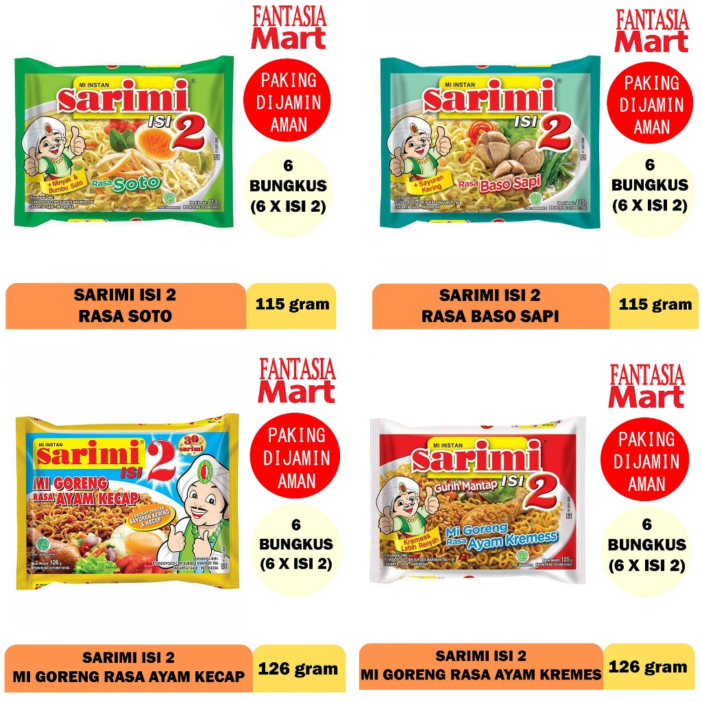 

SARIMI ISI 2 ANEKA RASA PACK PER 6 BUNGKUS (6 X ISI 2) FUN CORNER DENGAN PAKING AMAN