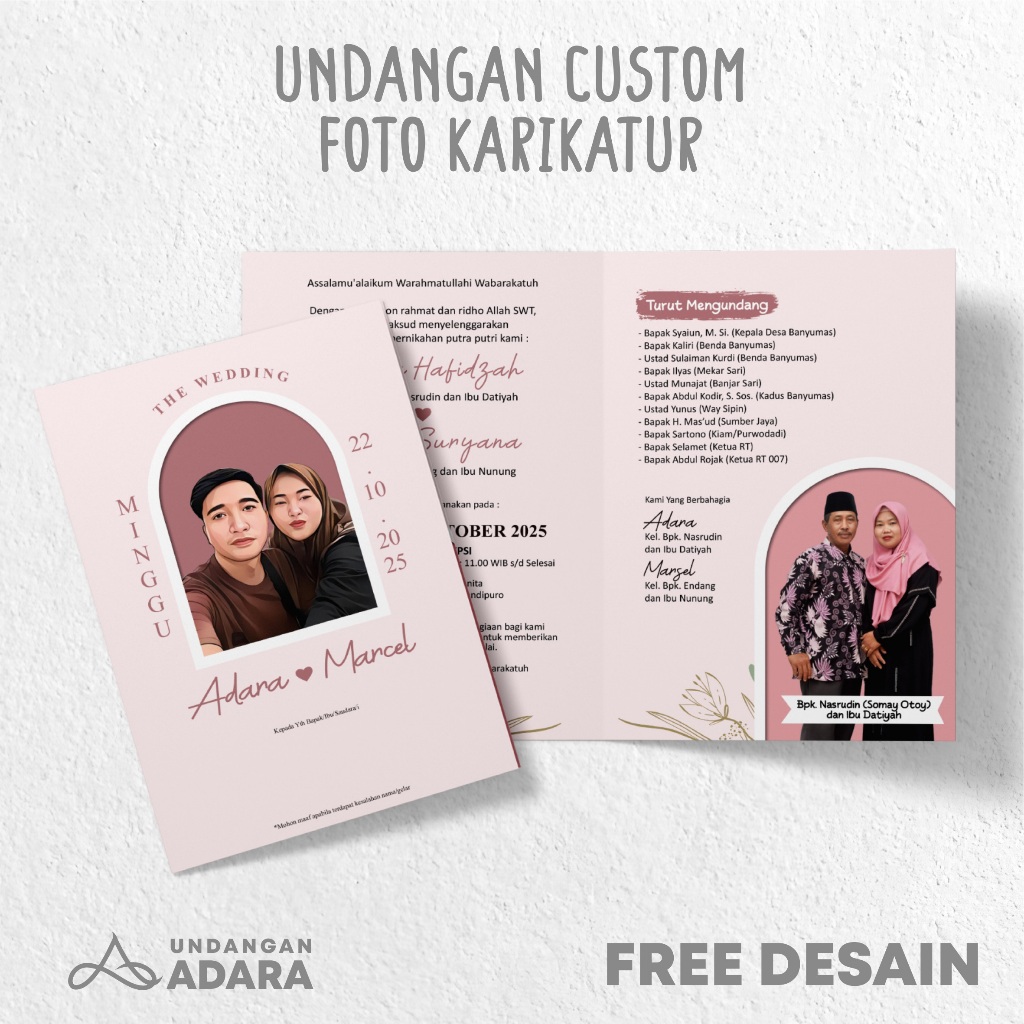 Undangan pernikahan custom foto karikatur dan foto orang tua