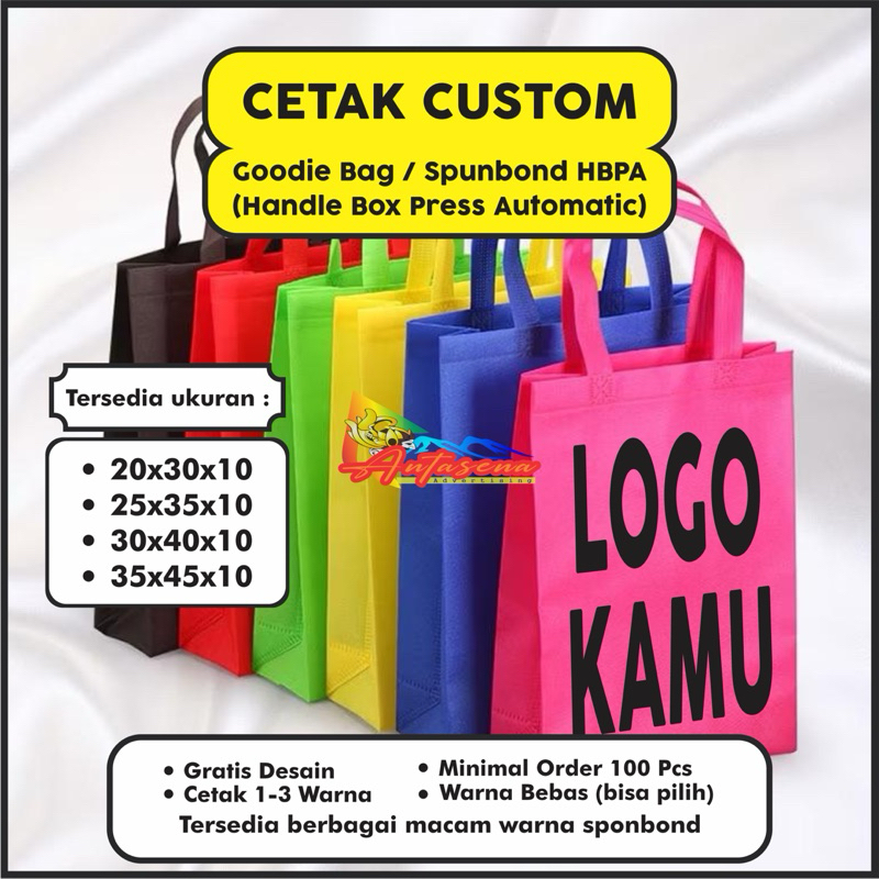 

Sablon / Cetak Custom Tas Goodie Bag Spunbond Tipe HBPA Handle Box Press Auto || Gratis Desain