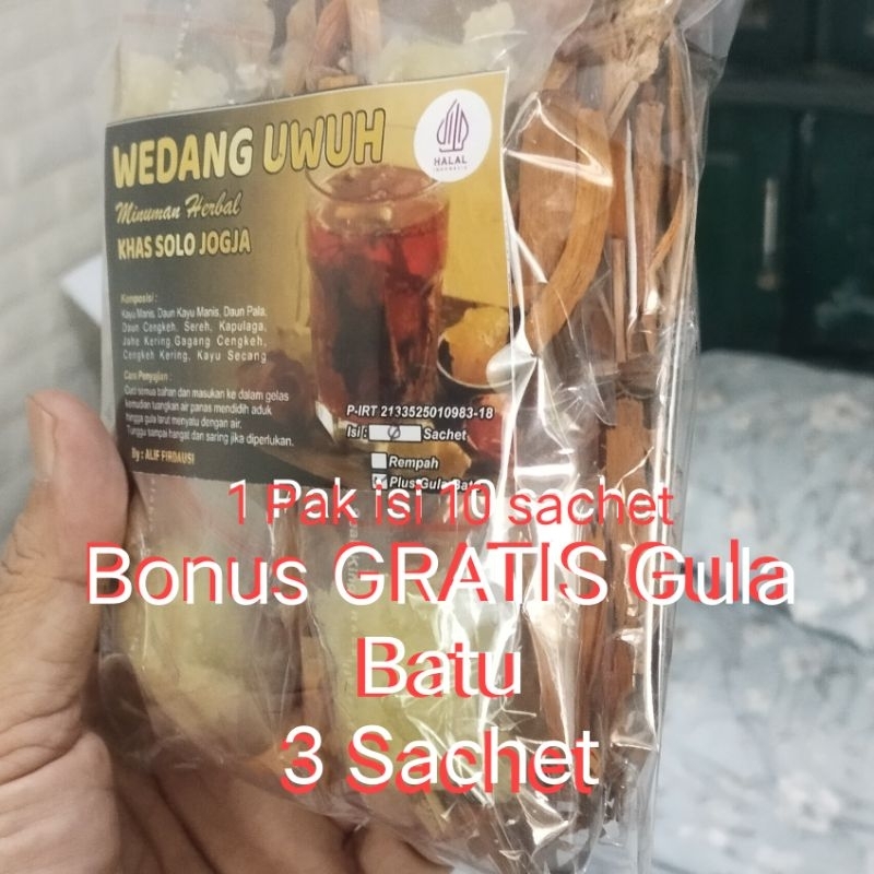 

U03 PROMO WEDANG UWUH 1 Pak (10 sachet + GRATIS 3 sachet gula batu) rempah secang kayu manis kapulogo sereh cengkeh daun pala daun kayu manis dauh cengkeh sereh