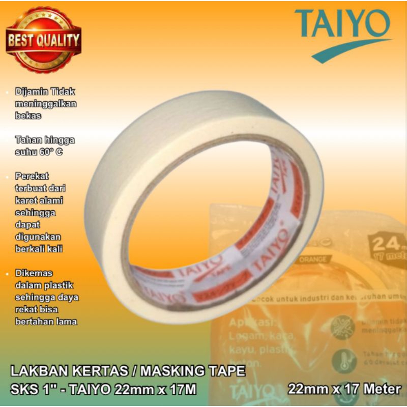 

Lakban kertas/Masking Tape TAIYO 1 " (22mm x 17meter full)