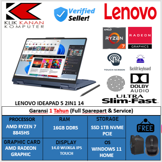 LAPTOP BARU TOUCHSCREEN LENOVO IDEAPAD 5 14 2IN1 AMD RYZEN 7 8845HS 16GB SSD 1TB WUXGA WINDOWS 11