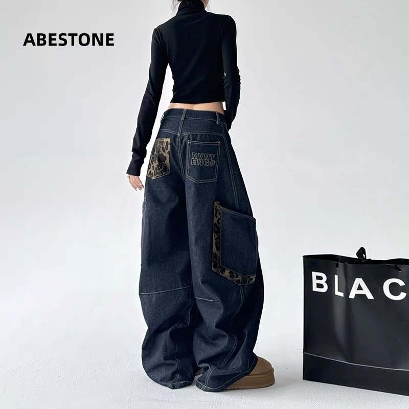 Jeans Kerja Bermotif Macan Tutul Retro Amerika Dengan Motif Tambal Sulam Dan Saku Besar Untuk Pria D