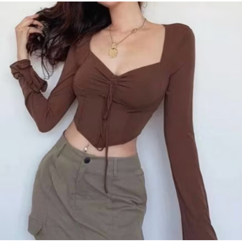 Korean V Neck Blouse Flare Sleeve Length Sleeve Front Strap [PRELOVED]