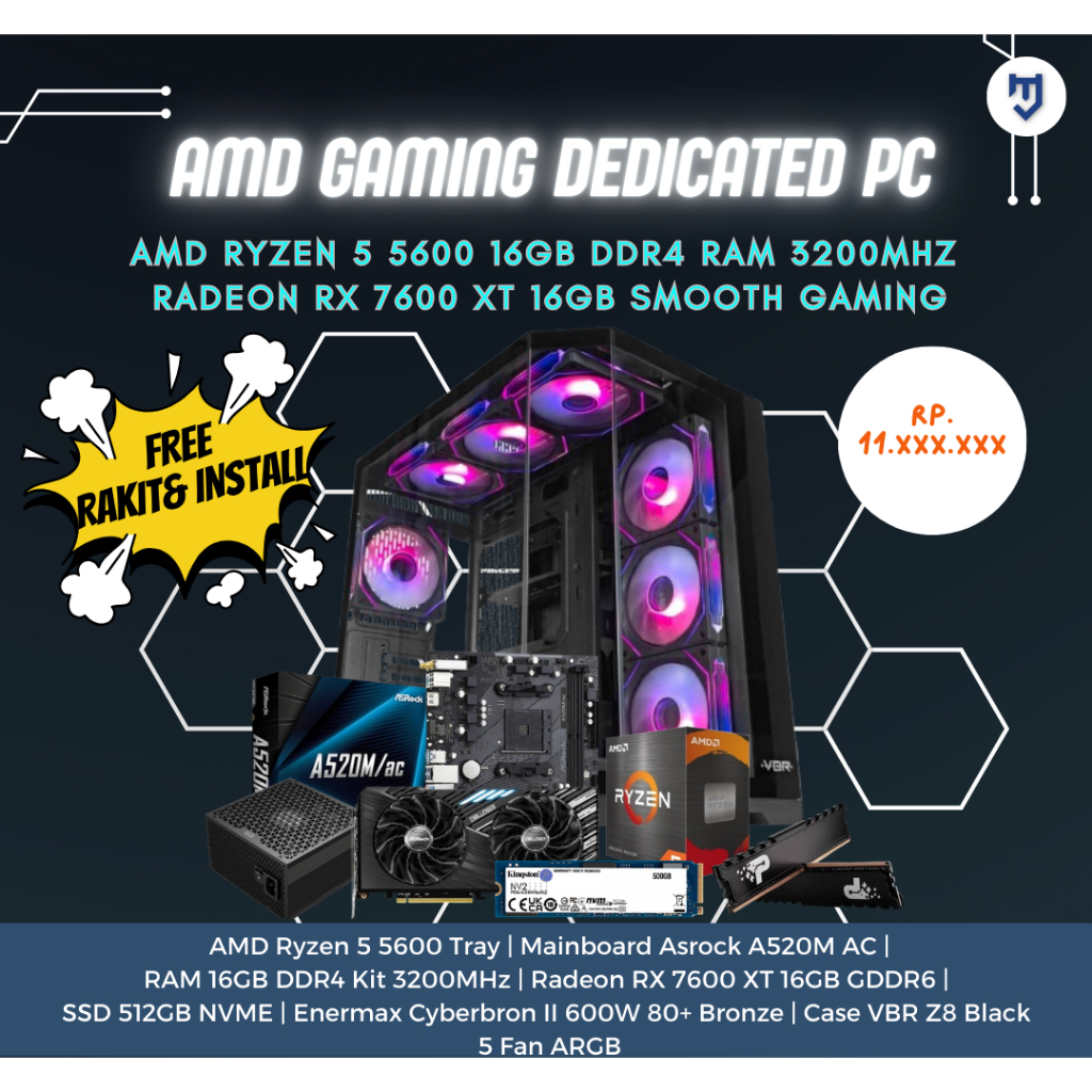 AMD Ryzen 5 5600 Gaming PC with Radeon RX 7600 XT 16GB 16GB DDR4 RAM 512GB NVME