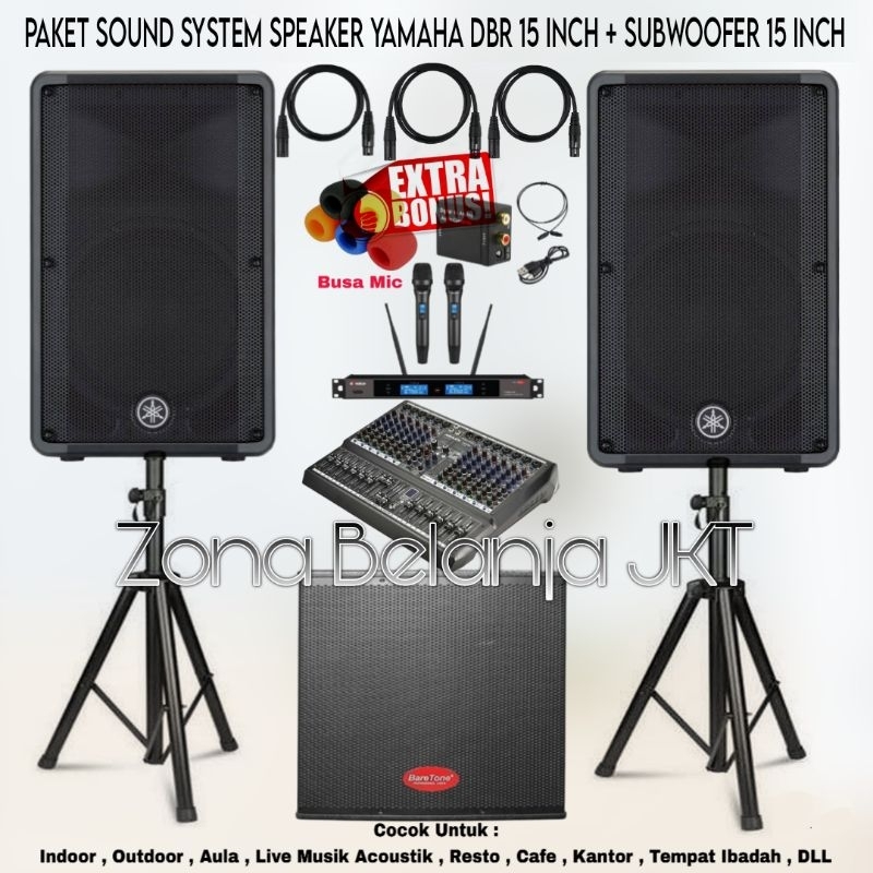 PAKET SOUND SYSTEM INDOOR OUTDOOR LIVE MUSIK KARAOKE SPEAKER YAMAHA DBR 15 INCH + SUBWOOFER 15 INCH 