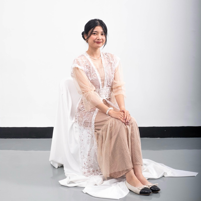 Daisy & Bunny — Raya Edition. Aisya set. (Tile dot dress, outer brokat, obi belt)